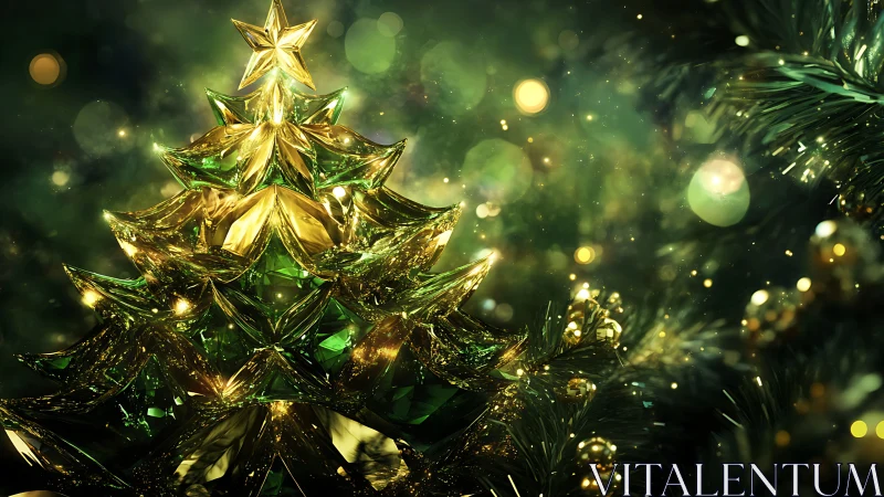 Crystalized golden Christmas tree under festive bokeh glow.