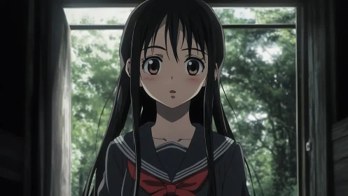 Anime schoolgirl in uniform at doorway facing forest light.