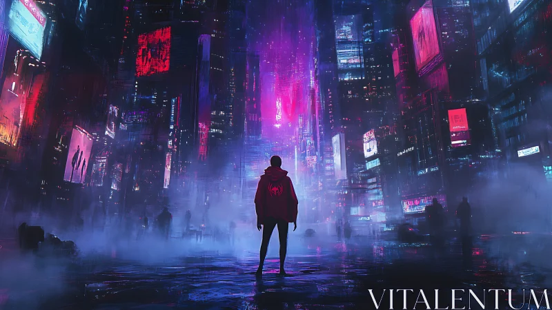 Lone figure in neon cyberpunk city street at night.