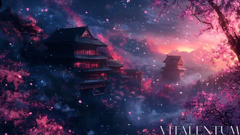 Samurai mountain temple under neon dusk cherry blossom storm.