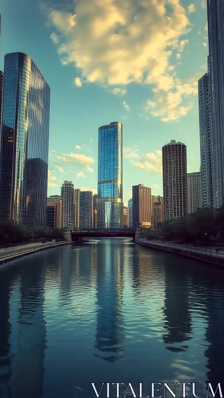 Vertically mirrored riverfront skyline under evening cumulus clouds.