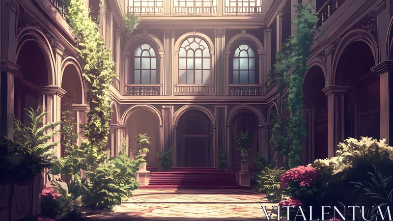 Sunlit neoclassical courtyard with lush ornamental garden.