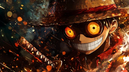Fiery anime swordsman with straw hat in dynamic embers