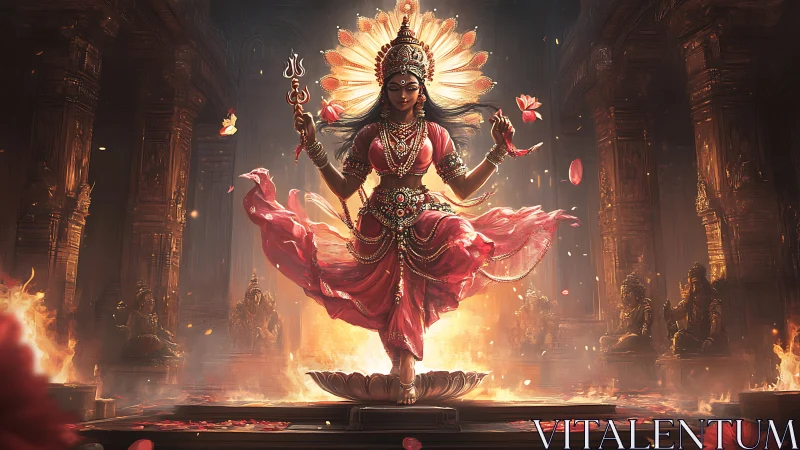 Divine goddess figure ascends in flame lit temple environment