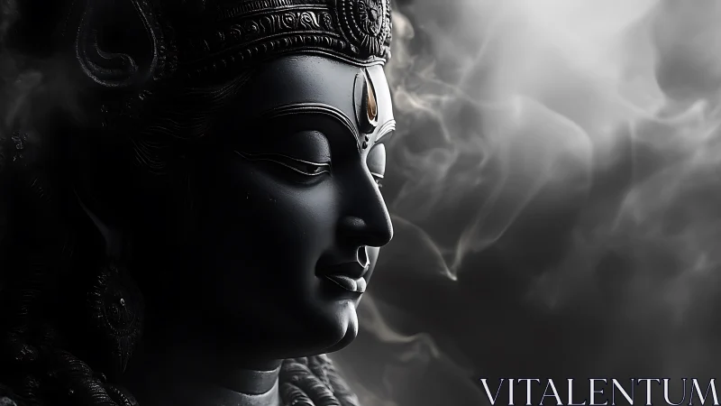 Photorealistic sculptural deity profile in drifting monochrome mist.