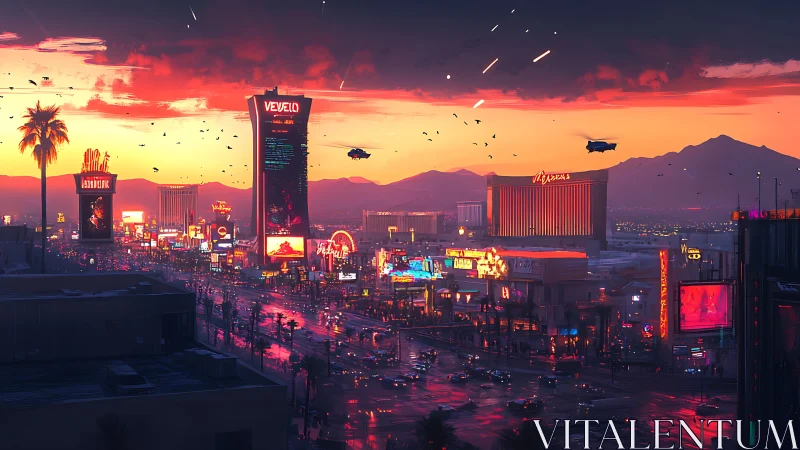 Neon-soaked futuristic boulevard under sunset sky with aerial traffic