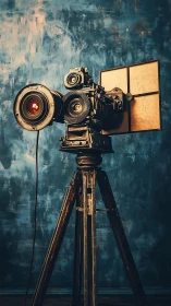 Vintage cinema titan poised against stormy teal dreams.