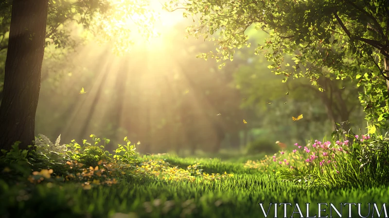 Sunlit forest glade hums softly with drifting golden wings