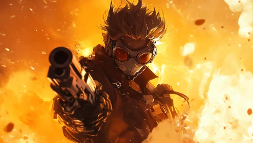 Cybernetic gunner framed by explosive amber inferno.