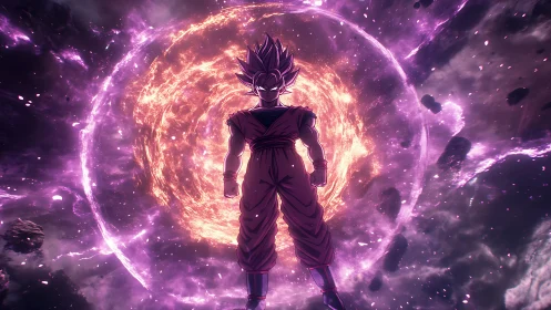 Cosmic warrior glowing before a swirling violet portal.