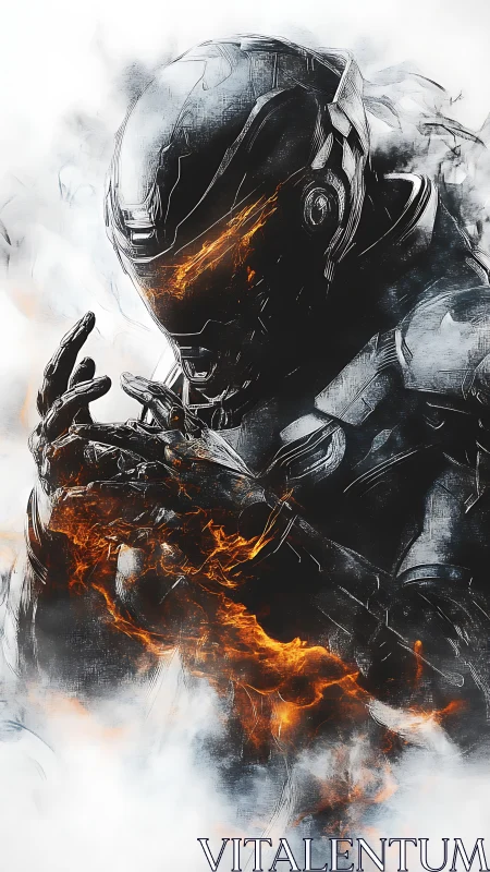 Armored cyber warrior channels molten energy in swirling smoke.