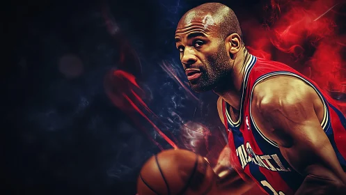 Basketball player in red jersey with abstract smoke background.