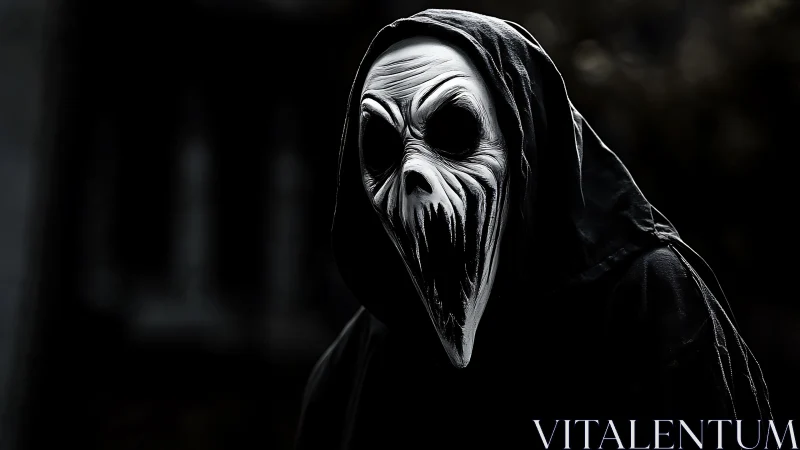 Hooded wraith leans from darkness with a bone white scream