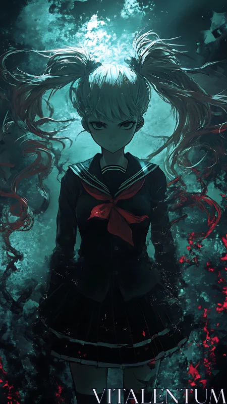 Dark underwater schoolgirl radiates eerie teal light.