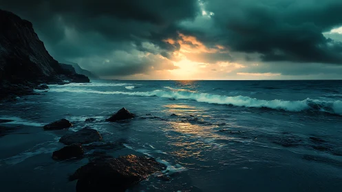 Moody coastal sunset welcomes quiet moments by the sea.