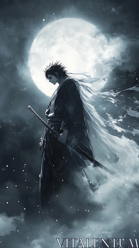 Lone katana warrior beneath a luminous winter moonlit sky.