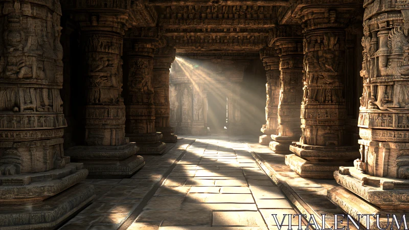 Sunlit stone corridor shows carved columns and dust rays