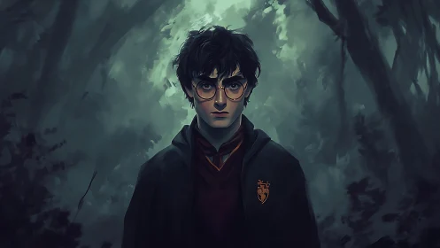 Young wizard stands brave in a misty, moonlit forest.