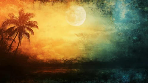 Moonlit palm hush over molten sunset lagoon canvas.