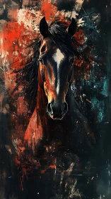Fiery stallion portrait amid abstract splashed dusk tones.