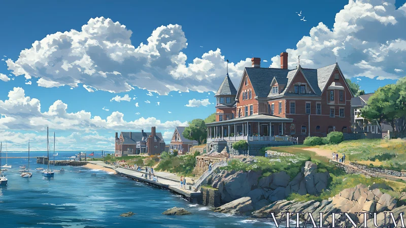 Grand seaside manor overlooks calm harbor on a bright day