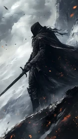 Hooded dark knight on volcanic ridge in snowstorm.