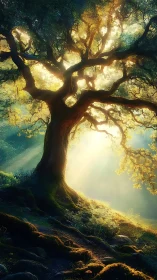 Ancient forest tree glows in radiant morning sunlight.
