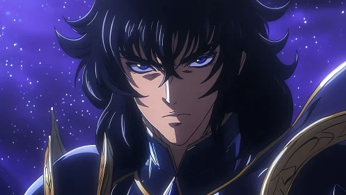 Stoic anime warrior gazing into a glowing starry night sky.