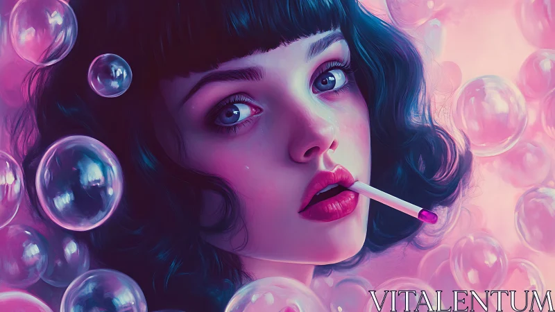 Young woman amid pink bubbles holding candy stick.