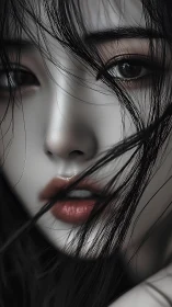 Close portrait of young woman with wet dark hair detail.