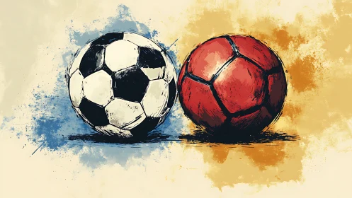 Two soccer balls rendered with textured digital brushwork
