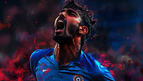 Cricket player roars in triumph amid swirling red blue haze