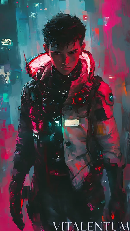 Neon-lit young space scout strides through a glowing city night