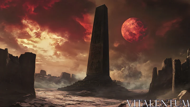 Ancient monolith under blood moon on desolate alien plain.