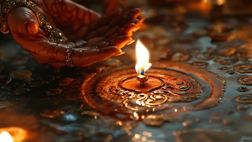 Macro view of diya flame and henna hand under warm directional light