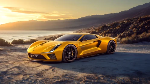 Yellow sports coupe parked on coastal sand at sunset.