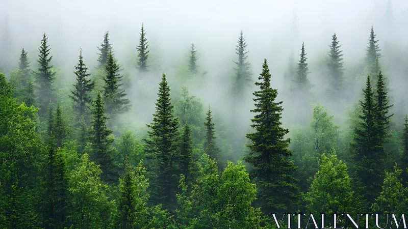Misty Forest Wilderness. Dense Coniferous Landscape Shrouded in Fog