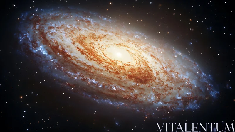 Spiral galaxy glows with golden light in quiet starry space.