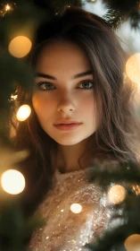 Photorealistic portrait in bokeh-lit evergreen framing study.