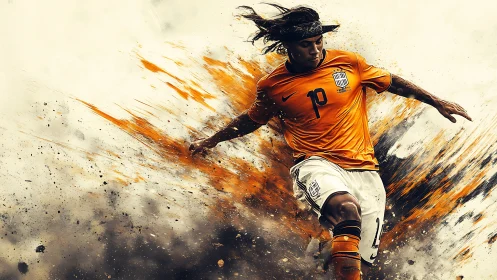 Dynamic soccer player explodes through swirling orange energy.