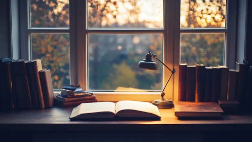 Twilight-lit reading desk with books, window, and task lamp.