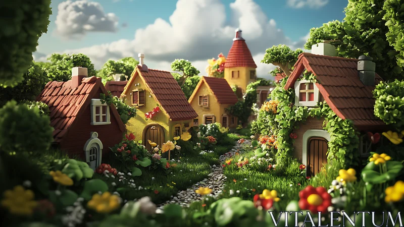 Toylike cottage lane glows beneath storybook summer clouds