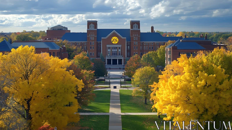 University campus glows with autumn trees and grand hall.