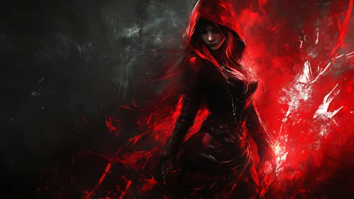 Dark hooded sorceress in red and black swirling energy