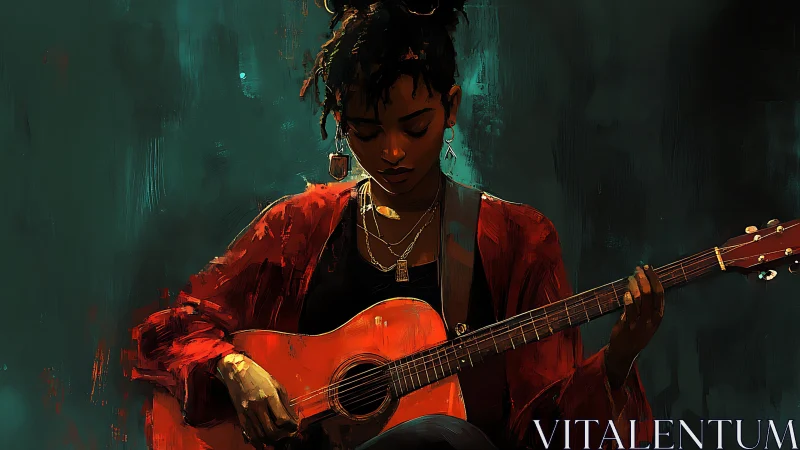 Guitarist in red jacket plays softly against teal backdrop.