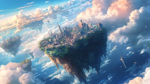 Skyborne futuristic city island drifts through luminous clouds.