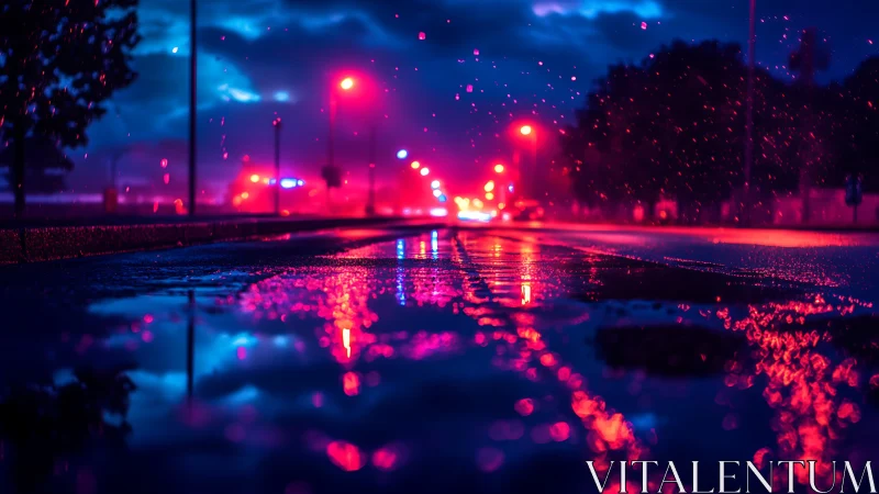 Neon rain-soaked roadway with shallow depth and reflective bokeh