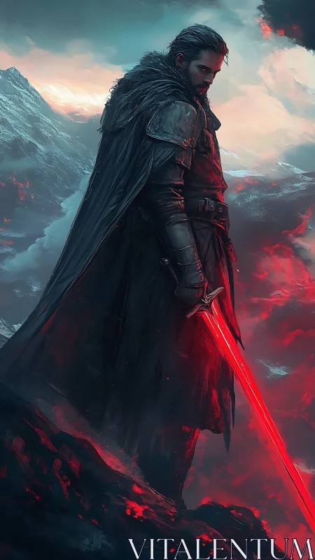 Dark armored swordsman with red blade in icy landscape.