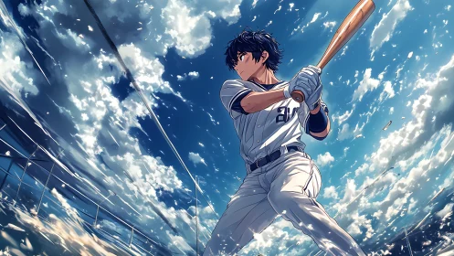 Skyline slugger poised beneath streaking summer clouds.