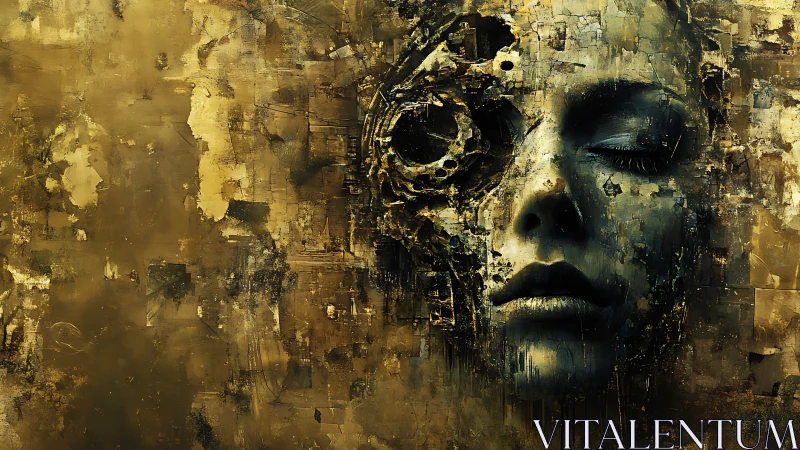 Fragmented metallic face emerging from textured gold void.